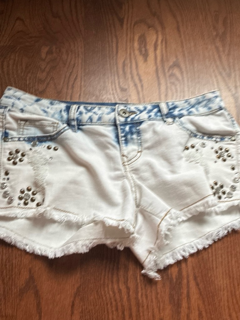 L'Amour White Denim Jean Shorts with Blue Accent Waistband & Studs